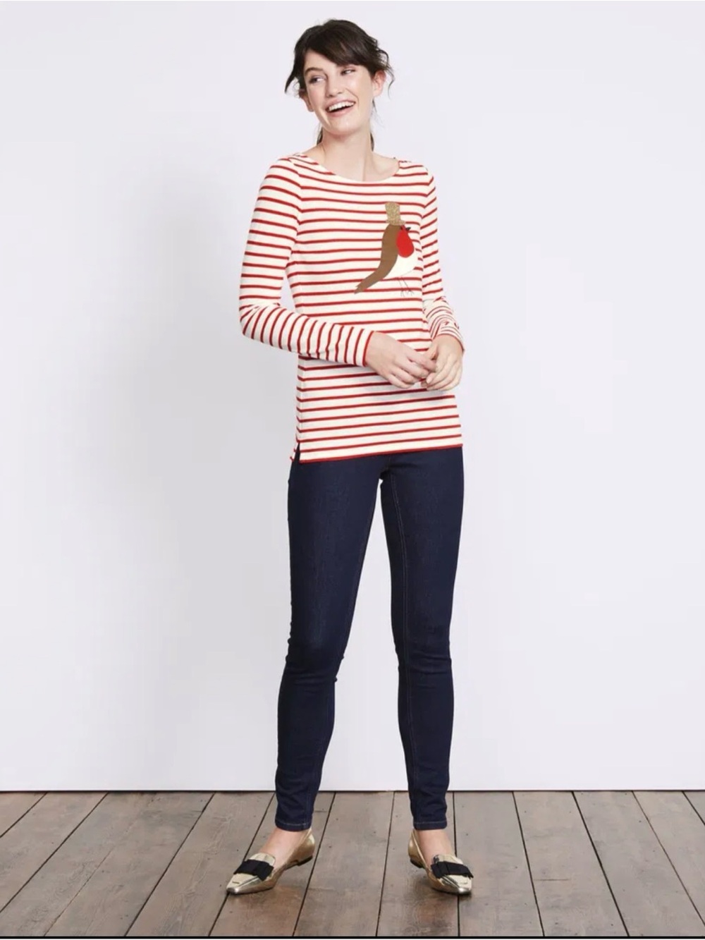 Boden The Christmas Breton Red & White Striped Top with Pink Trim (Box B) - Picture 1 of 9